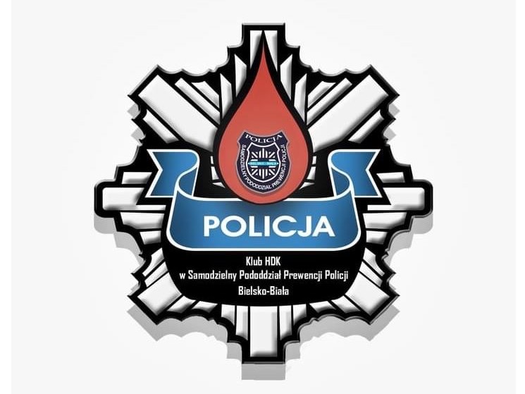 Logotyp Klubu Honorowych Dawców Krwi przy Samodzielnym Pododdziale Prewencji Policji w Warszawie.